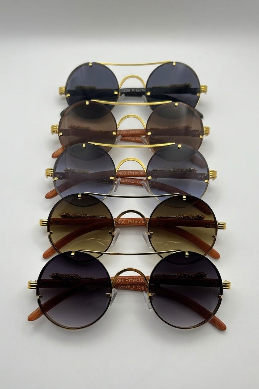 Round Jaguar Hinge Wood Temple Sunglasses Bulk Pack | 12 PCS Assorted